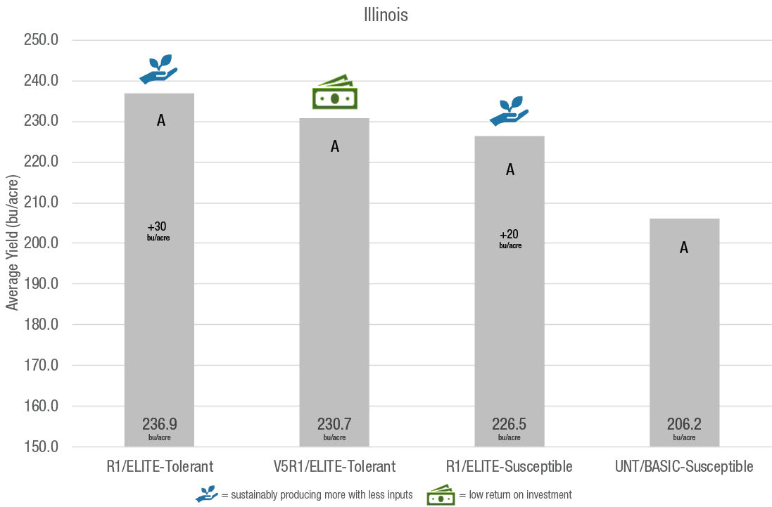 Comparison of fungicide systems trials (including seed treatments, germplasm and foliar fungicide applications) evaluated on a regional basis across Illinois.